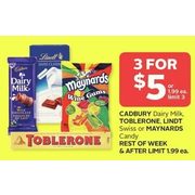 Cadbury Dairy Milk, Toblerone, Lindt Swiss Or Maynards Candy - 3/$5.00